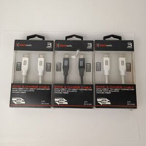3 Pack of Black Web  3-foot Sync & Charge Cables  with USB-C And USB-C Connector